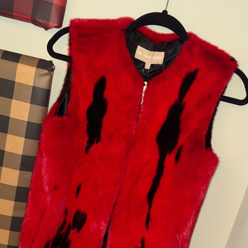 Michael Kors Red & Black Real Fur Vest Small S Iris Apfel Collection Estate Mink